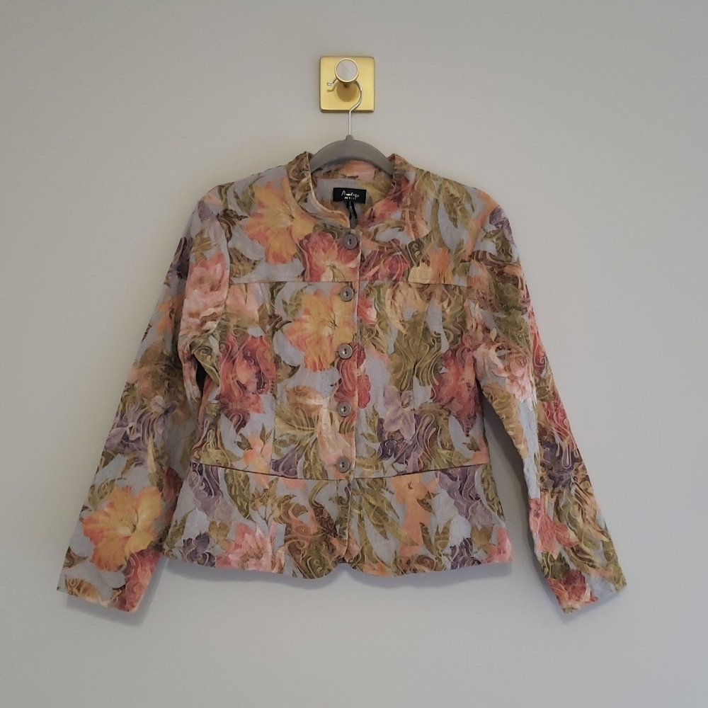 Analog Floral Blazer Women Petite Large Multicolor Stretchy Pockets Embroidered